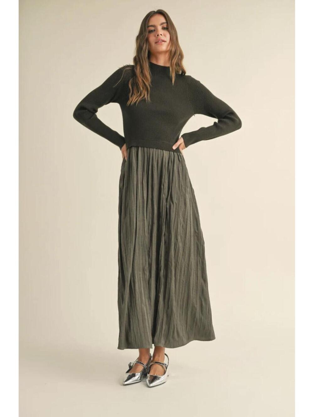Miou Muse Green Sweater Combo Woven Maxi Dress, Medium - Picture 1 of 9